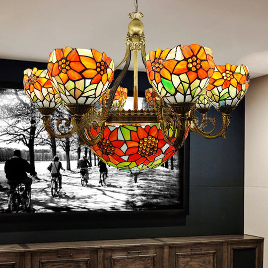 Rustic Tiffany Stained Glass Sunflower Chandelier - Multi-Head Hanging Light in Orange for Dining Room