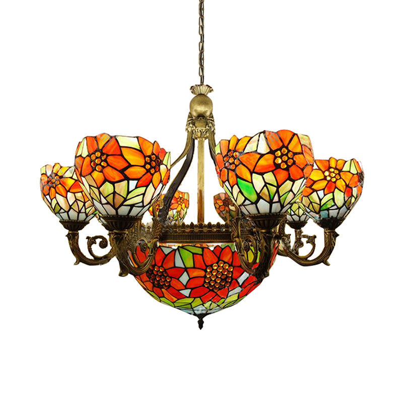 Rustic Tiffany Stained Glass Sunflower Chandelier - Multi-Head Hanging Light in Orange for Dining Room