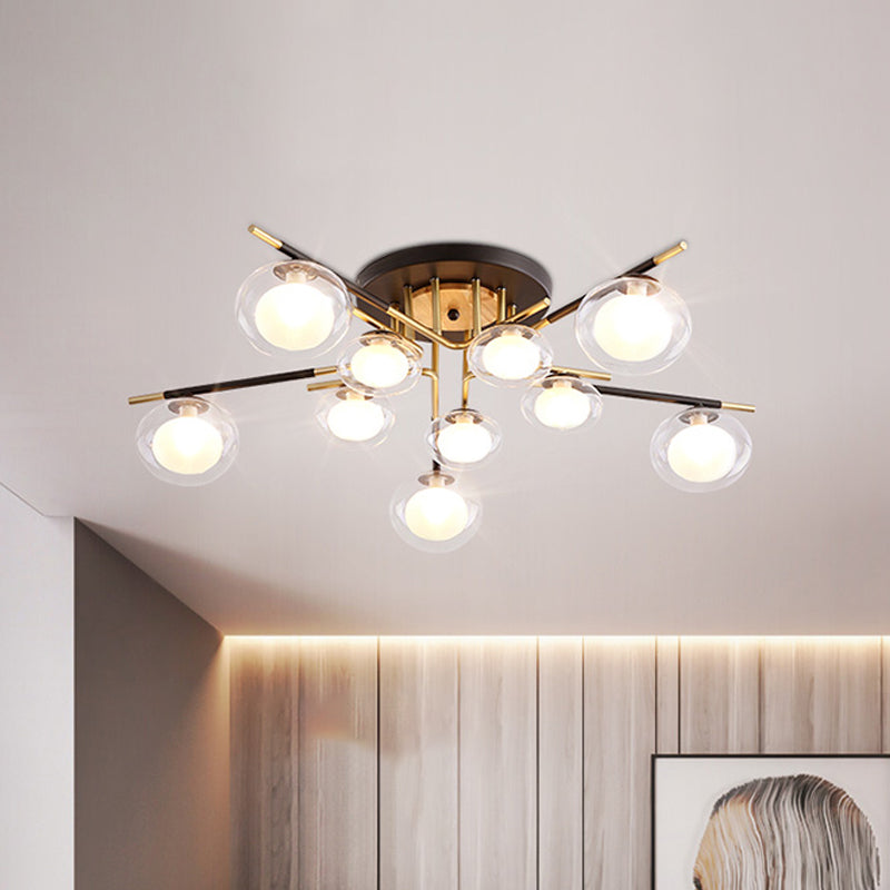 Contemporary Gold Oval Shade Ceiling Fixture - Dining Room Glass & Metal Semi Flush Mount Light