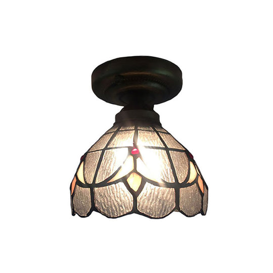 Small Tiffany Glass Ceiling Mount Light with Clear Grid Bowl - Ideal for Corridors (1 Bulb)