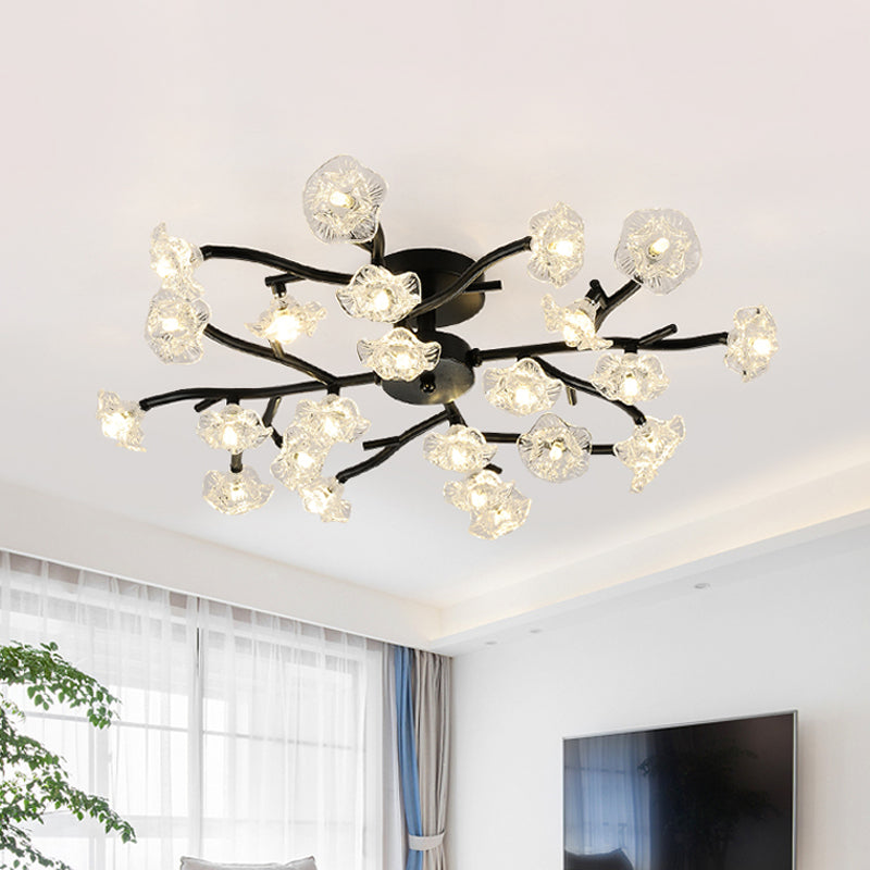 Modern Metal Flower Semi Flush Mount Ceiling Light in Black for Living Room