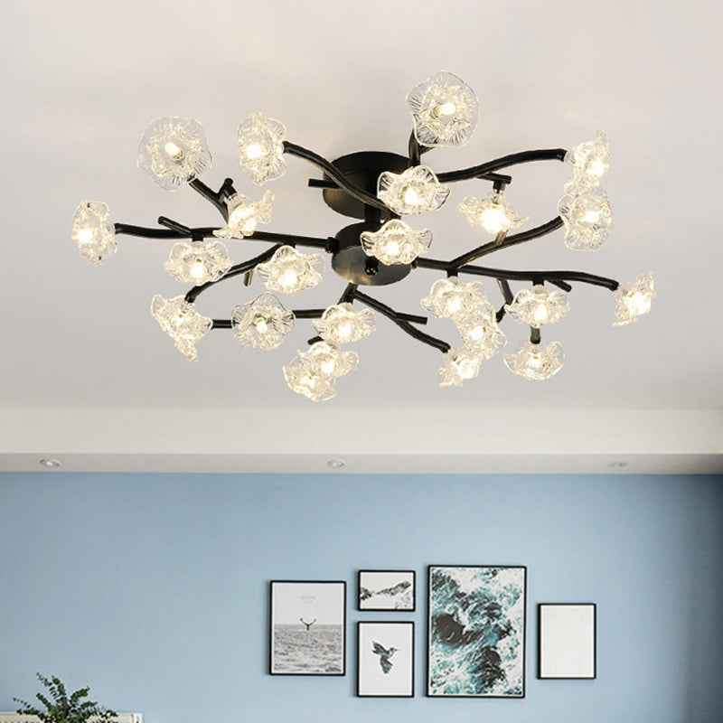 Modern Metal Flower Semi Flush Mount Ceiling Light in Black for Living Room