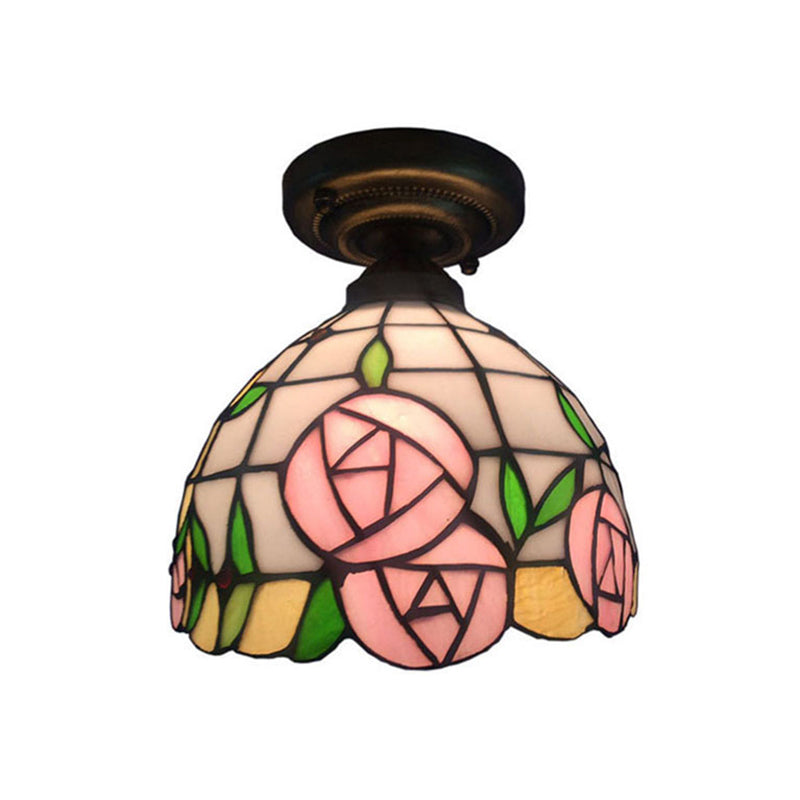 Rustic Tiffany Rose/Morning Glory Flushmount Light - Stained Glass Ceiling Light in Pink for Cafe