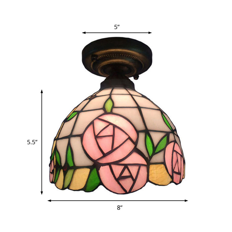 Rustic Tiffany Rose/Morning Glory Flushmount Light - Stained Glass Ceiling Light in Pink for Cafe