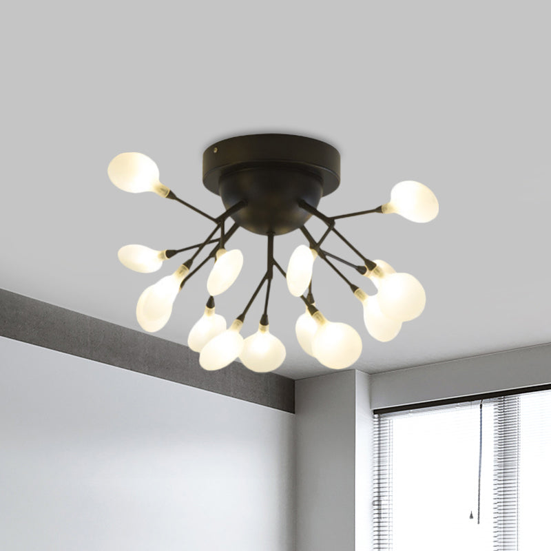 Modern Black Twig Ceiling Light with Round Flower Design - Creative Metallic Semi Flush for Cafes