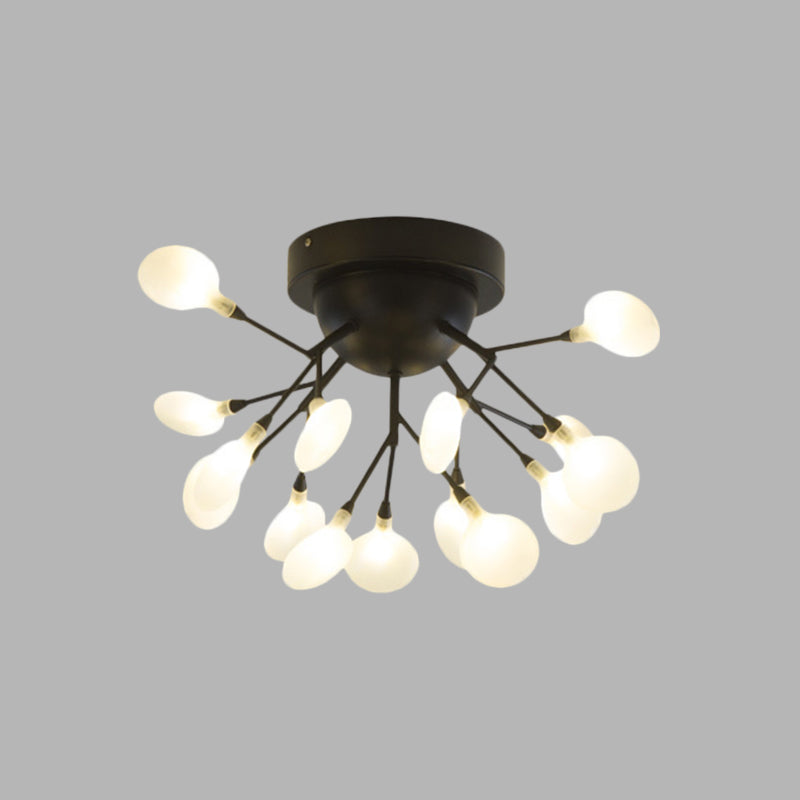 Modern Black Twig Ceiling Light with Round Flower Design - Creative Metallic Semi Flush for Cafes