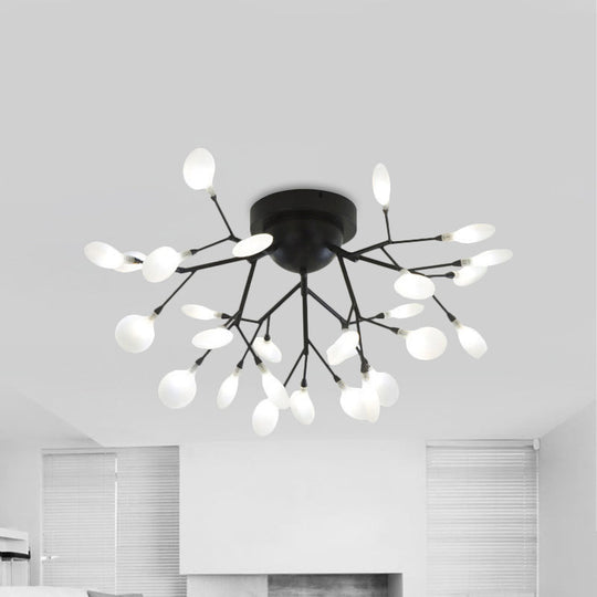 Modern Black Twig Ceiling Light with Round Flower Design - Creative Metallic Semi Flush for Cafes