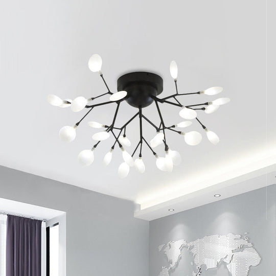 Modern Black Twig Ceiling Light with Round Flower Design - Creative Metallic Semi Flush for Cafes