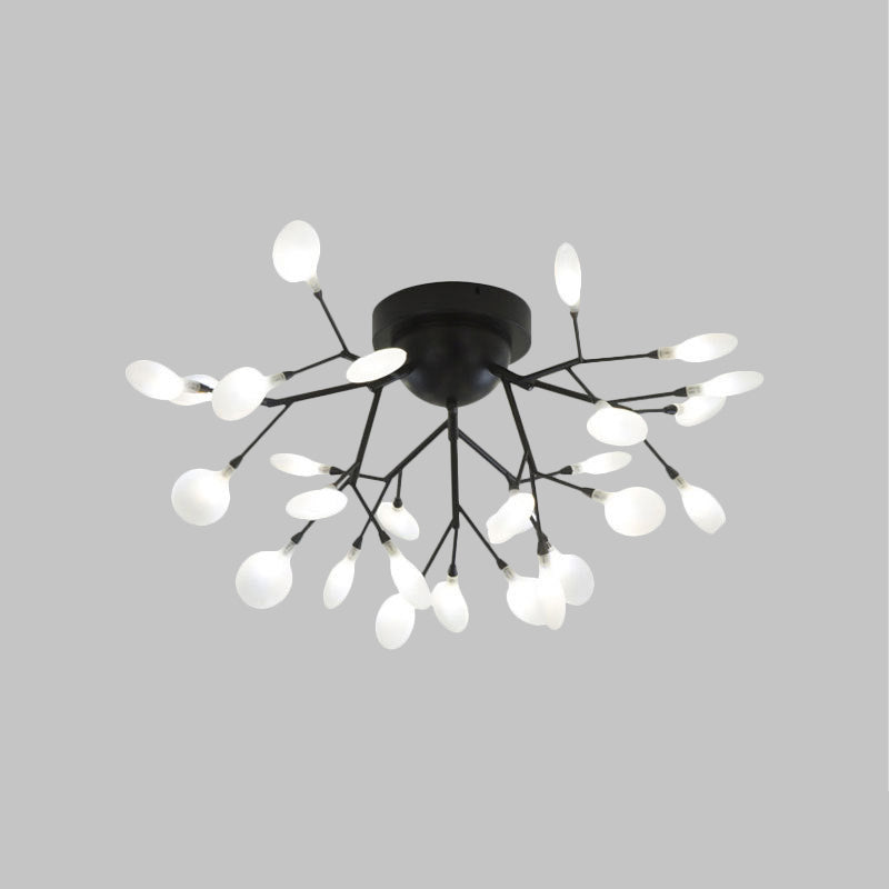 Modern Black Twig Ceiling Light with Round Flower Design - Creative Metallic Semi Flush for Cafes