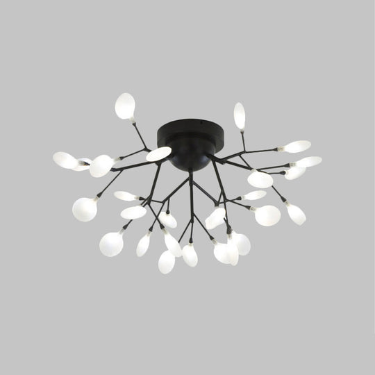 Modern Black Twig Ceiling Light With Round Flower Design - Creative Metallic Semi Flush For Cafes