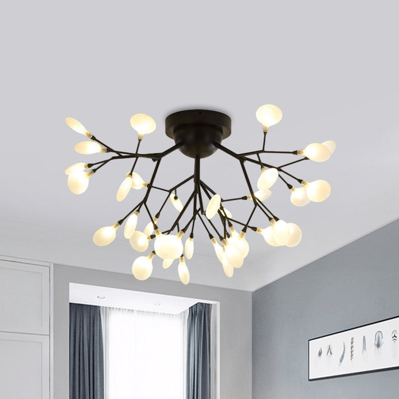 Modern Black Twig Ceiling Light with Round Flower Design - Creative Metallic Semi Flush for Cafes