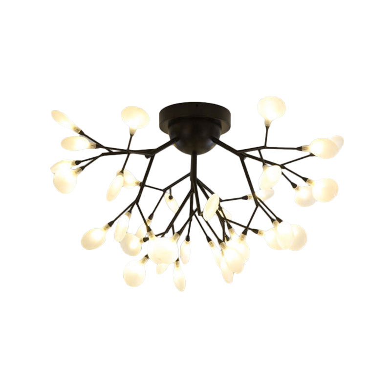 Modern Black Twig Ceiling Light with Round Flower Design - Creative Metallic Semi Flush for Cafes