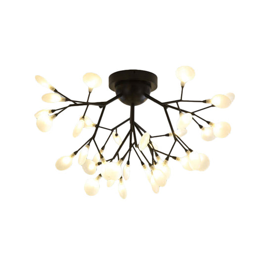 Modern Black Twig Ceiling Light with Round Flower Design - Creative Metallic Semi Flush for Cafes