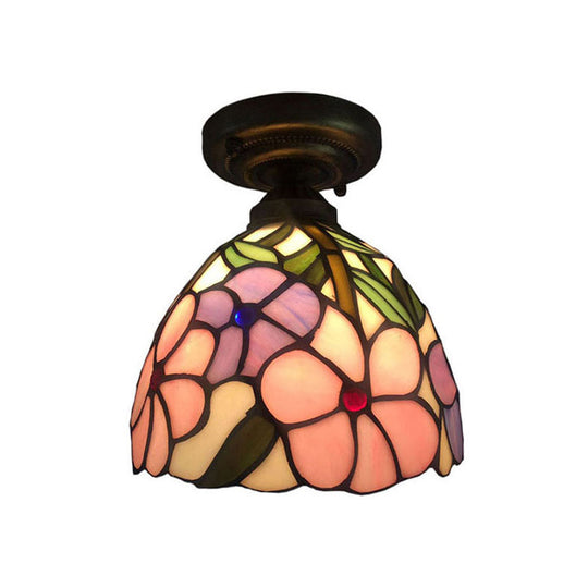 Rustic Tiffany Rose/Morning Glory Flushmount Light - Stained Glass Ceiling Light in Pink for Cafe