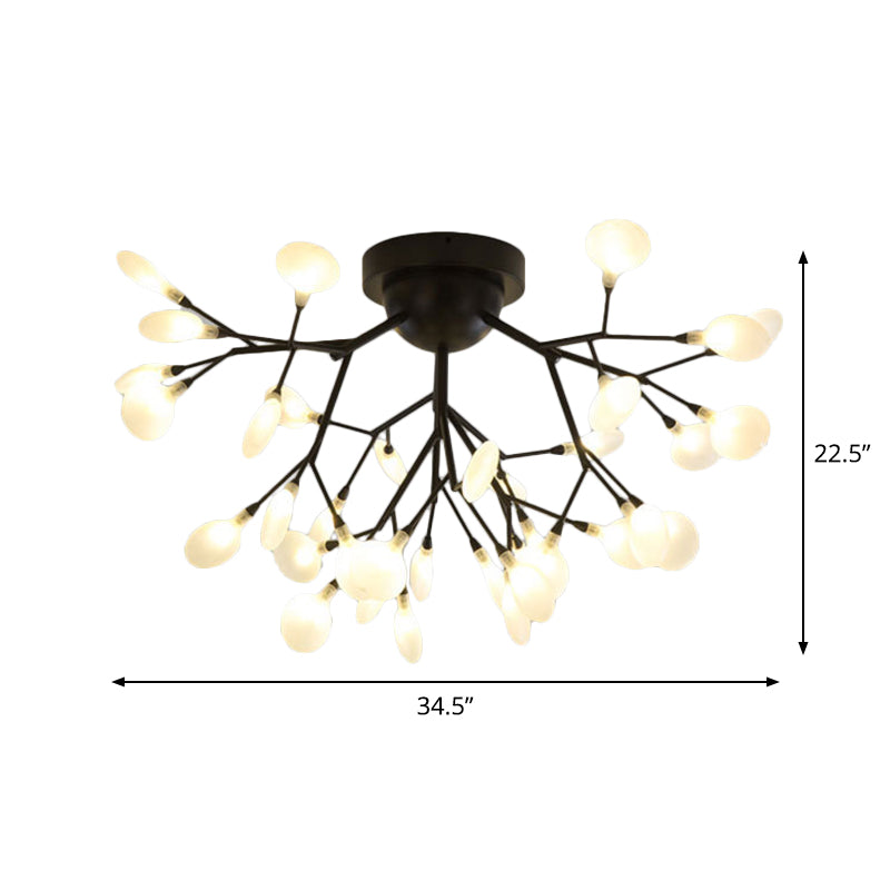 Modern Black Twig Ceiling Light with Round Flower Design - Creative Metallic Semi Flush for Cafes