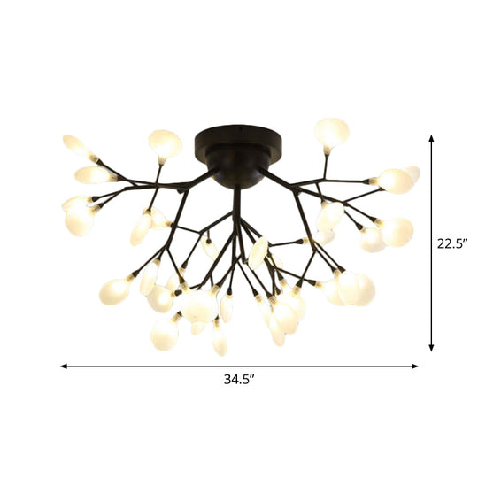 Modern Black Twig Ceiling Light with Round Flower Design - Creative Metallic Semi Flush for Cafes