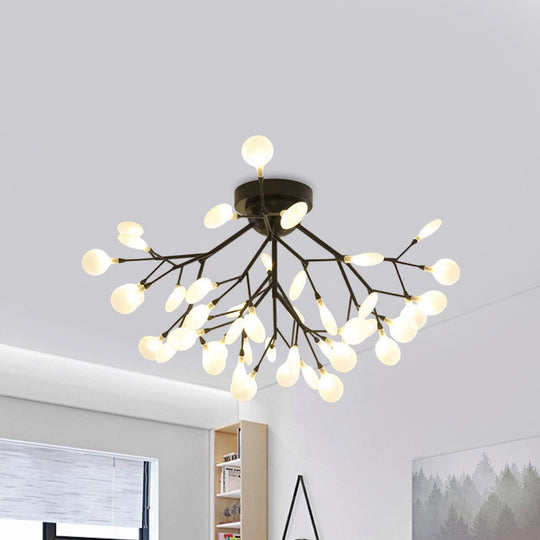 Modern Black Twig Ceiling Light with Round Flower Design - Creative Metallic Semi Flush for Cafes