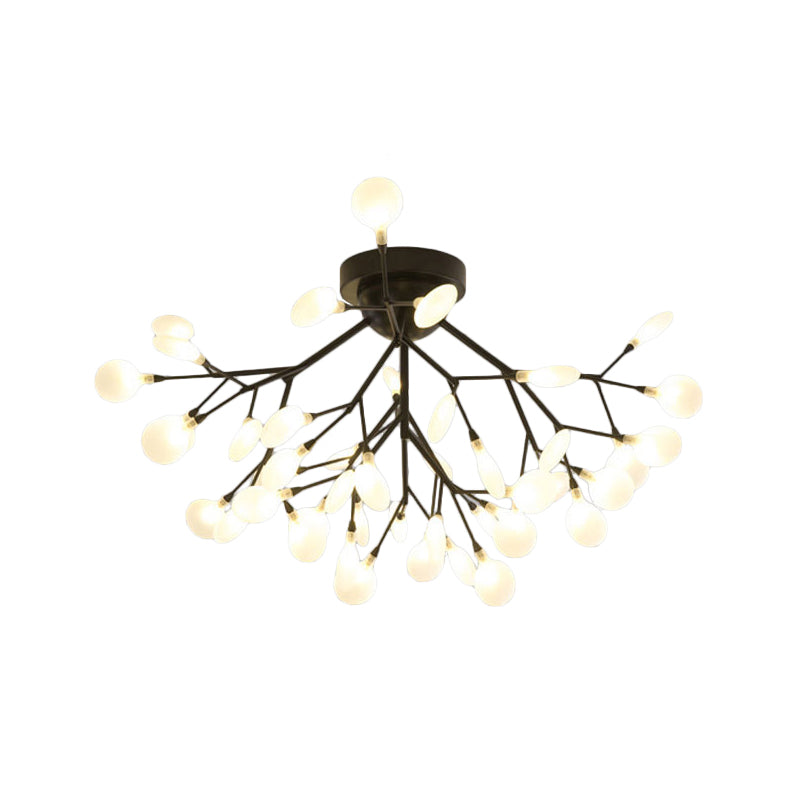 Modern Black Twig Ceiling Light with Round Flower Design - Creative Metallic Semi Flush for Cafes