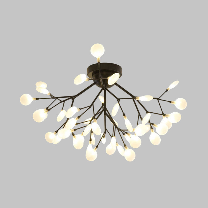 Modern Black Twig Ceiling Light with Round Flower Design - Creative Metallic Semi Flush for Cafes