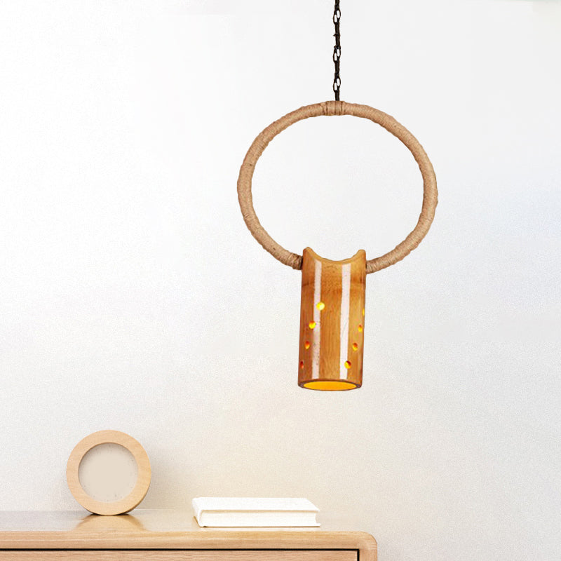 Bamboo Rustic Bistro Pendant Light With Beige Ring