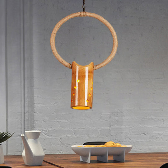 Bamboo Rustic Bistro Pendant Light With Beige Ring