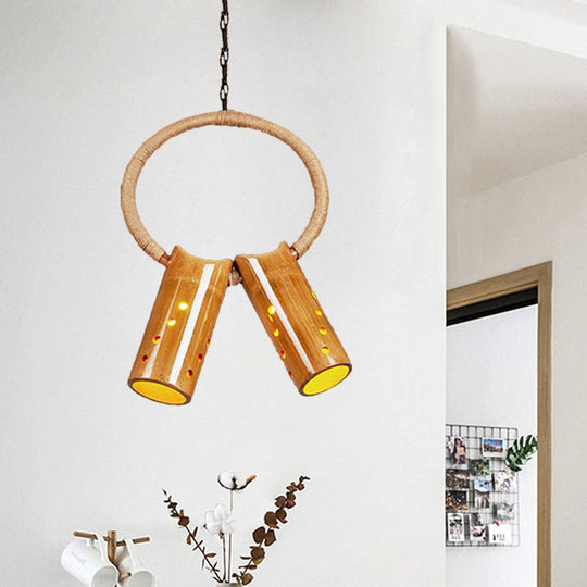 Bamboo Rustic Bistro Pendant Light With Beige Ring