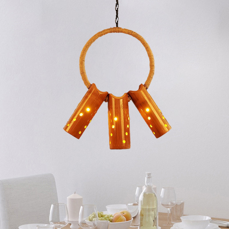 Bamboo Rustic Bistro Pendant Light With Beige Ring