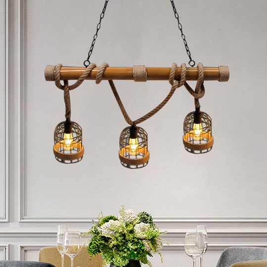 Vintage Rust Birdcage Shade Pendant Lighting With Adjustable Rope - 3-Head Metal Island Light