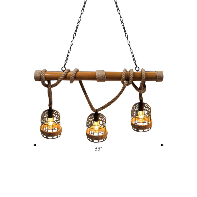 Vintage Rust Birdcage Shade Pendant Lighting With Adjustable Rope - 3-Head Metal Island Light