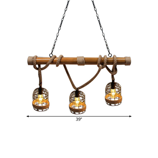 Vintage Rust Birdcage Shade Pendant Lighting With Adjustable Rope - 3-Head Metal Island Light