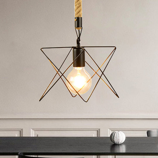 Metal & Rope Hanging Farmhouse Pendant Lamp - Black Globe/Cylinder/Barrel Cage - Dining Room Lighting