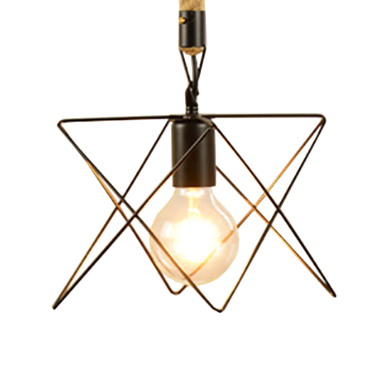 Metal & Rope Hanging Farmhouse Pendant Lamp - Black Globe/Cylinder/Barrel Cage - Dining Room Lighting