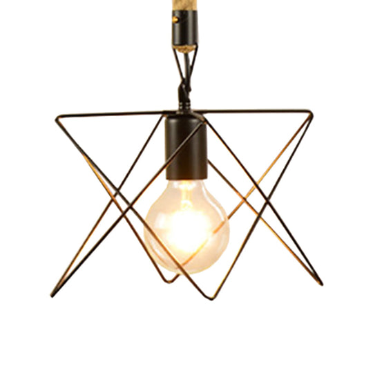 Metal & Rope Hanging Farmhouse Pendant Lamp - Black Globe/Cylinder/Barrel Cage - Dining Room Lighting