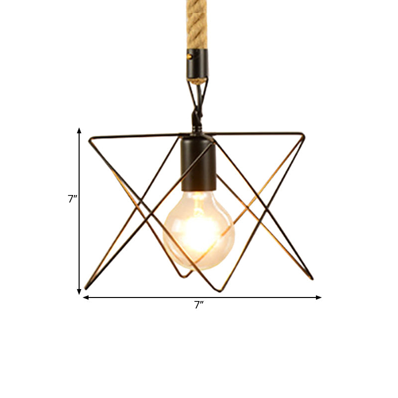 Metal & Rope Hanging Farmhouse Pendant Lamp - Black Globe/Cylinder/Barrel Cage - Dining Room Lighting