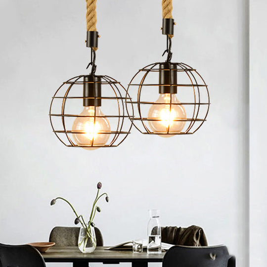 Farmhouse Style Black Metal & Rope Hanging Pendant Light - 1 Globe/Cylinder/Barrel Cage Design For