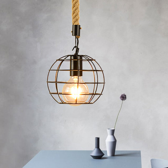 Farmhouse Style Black Metal & Rope Hanging Pendant Light - 1 Globe/Cylinder/Barrel Cage Design For