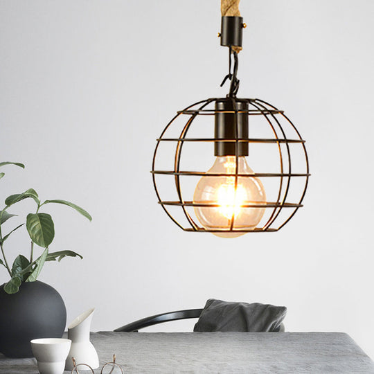 Metal & Rope Hanging Farmhouse Pendant Lamp - Black Globe/Cylinder/Barrel Cage - Dining Room Lighting