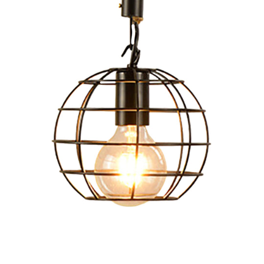 Metal & Rope Hanging Farmhouse Pendant Lamp - Black Globe/Cylinder/Barrel Cage - Dining Room Lighting