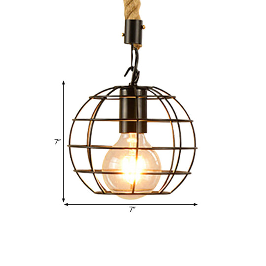 Metal & Rope Hanging Farmhouse Pendant Lamp - Black Globe/Cylinder/Barrel Cage - Dining Room Lighting