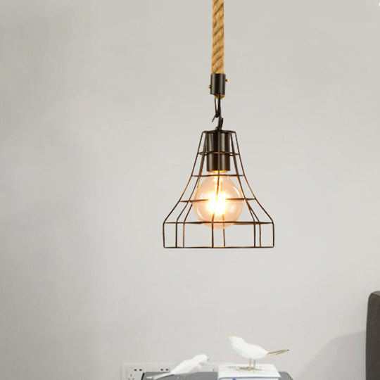 Farmhouse Style Black Metal & Rope Hanging Pendant Light - 1 Globe/Cylinder/Barrel Cage Design For