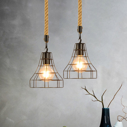 Metal & Rope Hanging Farmhouse Pendant Lamp - Black Globe/Cylinder/Barrel Cage - Dining Room Lighting