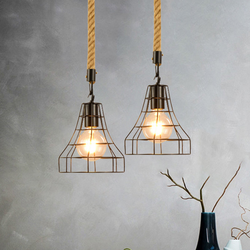 Farmhouse Style Black Metal & Rope Hanging Pendant Light - 1 Globe/Cylinder/Barrel Cage Design For