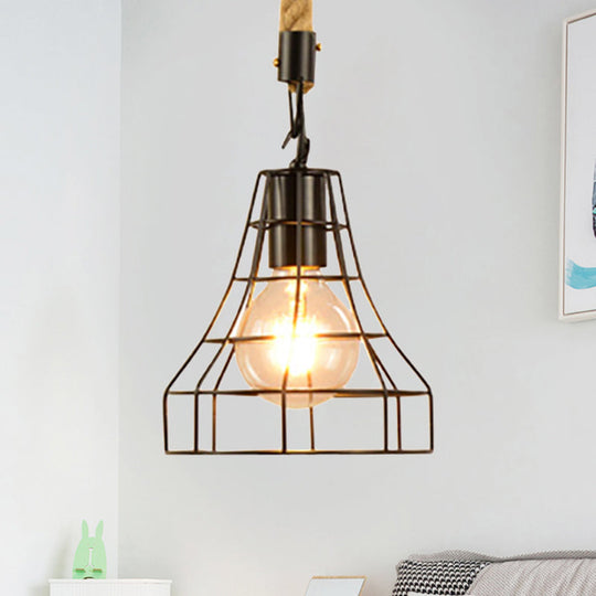 Farmhouse Style Black Metal & Rope Hanging Pendant Light - 1 Globe/Cylinder/Barrel Cage Design For