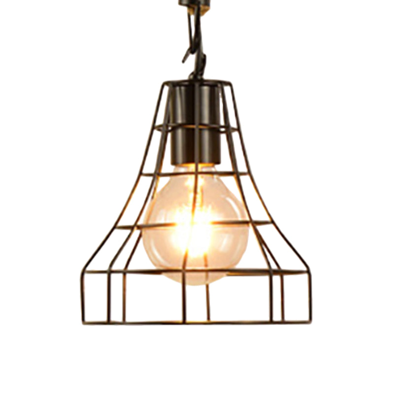 Metal & Rope Hanging Farmhouse Pendant Lamp - Black Globe/Cylinder/Barrel Cage - Dining Room Lighting