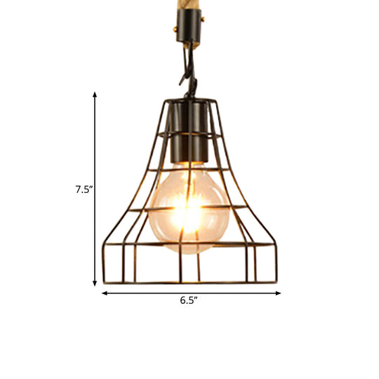 Metal & Rope Hanging Farmhouse Pendant Lamp - Black Globe/Cylinder/Barrel Cage - Dining Room Lighting