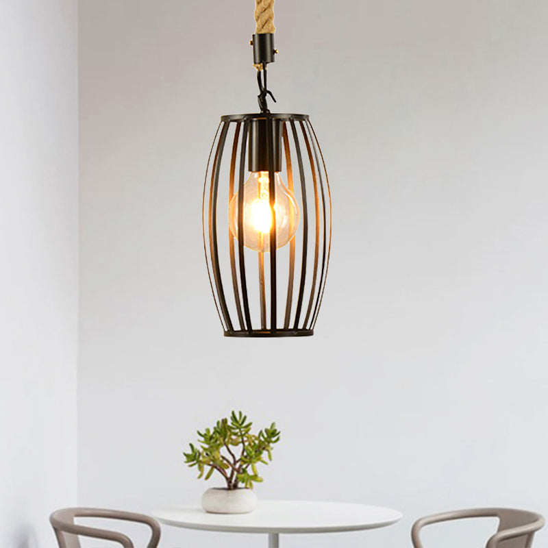 Metal & Rope Hanging Farmhouse Pendant Lamp - Black Globe/Cylinder/Barrel Cage - Dining Room Lighting