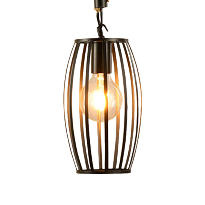 Metal & Rope Hanging Farmhouse Pendant Lamp - Black Globe/Cylinder/Barrel Cage - Dining Room Lighting