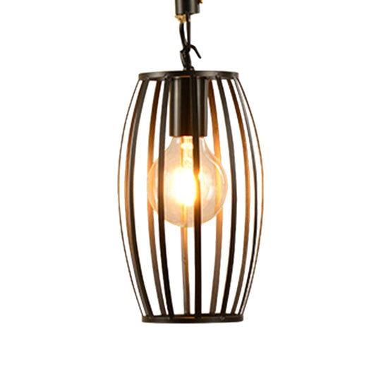 Metal & Rope Hanging Farmhouse Pendant Lamp - Black Globe/Cylinder/Barrel Cage - Dining Room Lighting