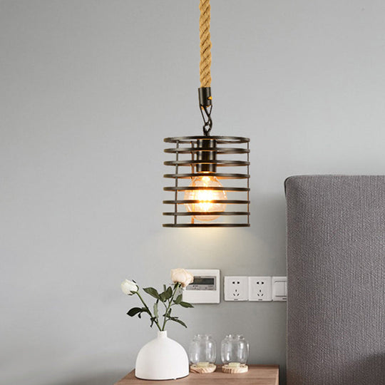 Metal & Rope Hanging Farmhouse Pendant Lamp - Black Globe/Cylinder/Barrel Cage - Dining Room Lighting