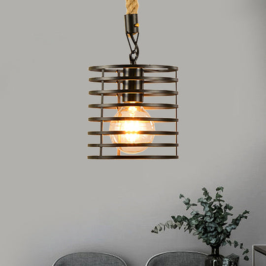 Metal & Rope Hanging Farmhouse Pendant Lamp - Black Globe/Cylinder/Barrel Cage - Dining Room Lighting